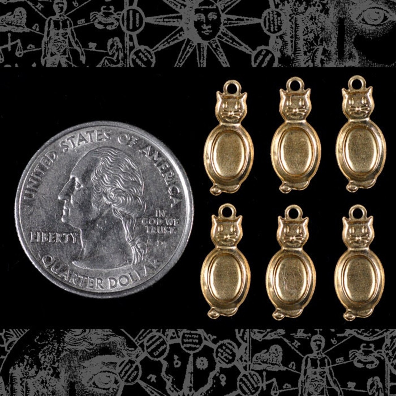Raw Brass Miniature Sitting Cat Charms with 4mm x 6mm Setting - Set of Six - B-C125
